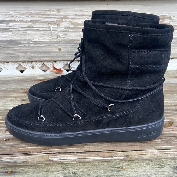 NWOB Tecnica Moon Boot Pulse Mid Black Nubuck Leather Snow Boots Women's Size 10 - Picture 4 of 15